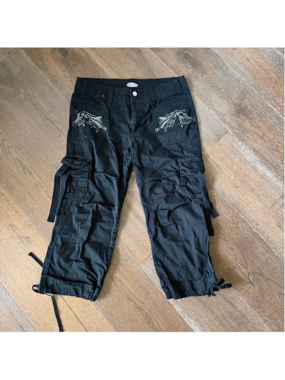 VTG Zoey Beth Rhinestone Angel Wings Cargo Capri Pants Size L Y2K McBling
